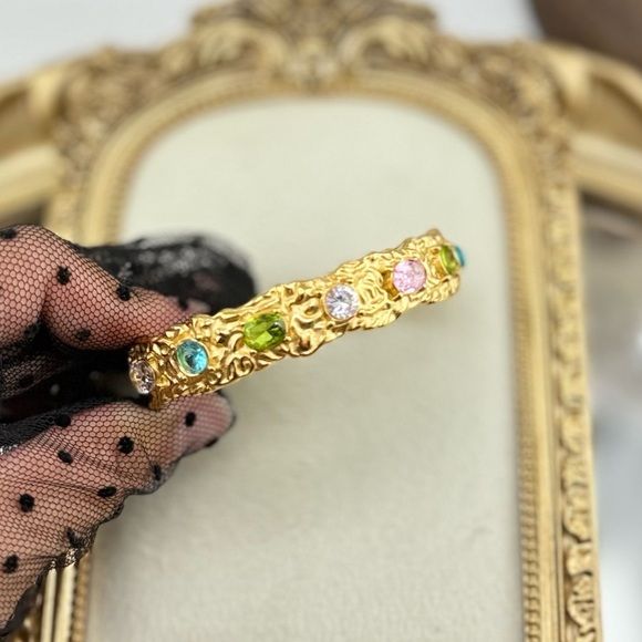 Colorful Gemstone Cuff Bracelet – 18K Gold Plated on Stainless Steel - Picture 6 of 10